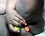 Ebony bbw wife fuck Cucumber and Carrot in DP snapshot 2