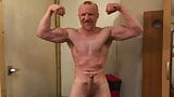 Muscular Daddy bodybuilder flexing muscles in gym vest then strips naked and jerks off his big cock! snapshot 12