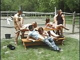 Naked babes all get fucked on a park bench snapshot 8