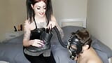 Gas mask play, shoe fetish, shoe smell fetish. Dominatrix Nika makes her gas masked slave sniff shoes and outdoor boots. snapshot 15