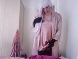 jess silk riding dildo in pink satin nightie and robe with long purple wig snapshot 13