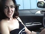 Naughty Brunette masturbate her pussy using dildo at car snapshot 1