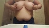 My toy (AKA fat cow) yanking her udders at work for me snapshot 3