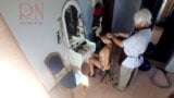 Camera in nude barbershop. Hairdresser makes lady undress to cut her hair. Barber, nudism. CAM 2 snapshot 13