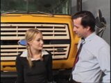 Blond student in pigtails gets fucked by two dudes in the school bus garage snapshot 2