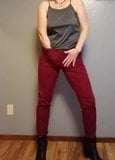 Hot Milf Pisses in Red Work Pants snapshot 2