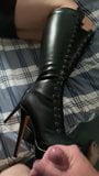 Cumshot over wife's  leather boots snapshot 1