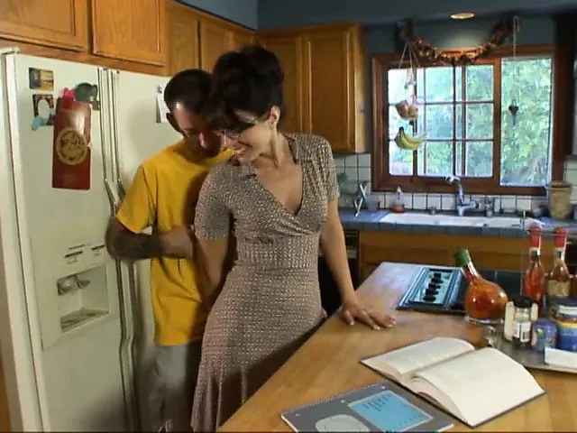 Free watch & Download Lusty brunette milf in glasses seduced man next door on her kitchen counter