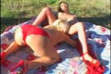 Outdoor threesome sex for sexy Crystal and Heather Gables snapshot 2