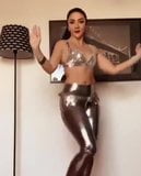 Bellydance in shiny silver latex pants snapshot 4