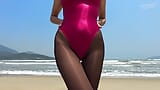 848 4K Shiny Wolford and Spandex Swimsuit on the Beach snapshot 2