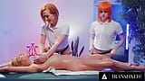 TRANSFIXED - Redhead Trans Shiri Allwood & Jean Hollywood Give Kenzie Anne Oiled Massage With Facial snapshot 12