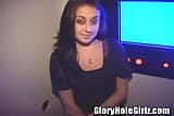 Sultry Smoking Brunette Sucking and Fucking Glory Hole COCKS in Filthy Adult Booth snapshot 1