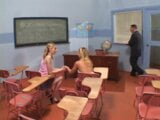 Two horny schoolgirls fuck a teacher on his desk snapshot 2