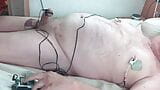 Hands free cumshot. Bound and stretched balls are swollen and shocked with estim along with nipples and cock snapshot 4