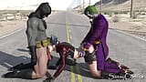 Harley quinn, joker, trio pubblico di batman sulla strada dell'autostrada in texas. snapshot 6