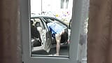 Sexy MILF in bathrobe without panties cleans interior car in courtyard of house. No panties. Naked in public. Outdoor. Outside snapshot 7