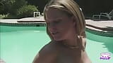 A Blonde Chick with Hairy Cunt and Big Fake Tits Drilled Outdoors by the Pool snapshot 12