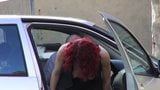 Zwarte kousen Julie Valmont neukt buitenshuis op een auto snapshot 14