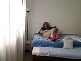 MILF tranny showing off and petting on webcam in a black satin dress, white blouse and red heels snapshot 9