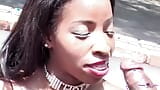 Ebony Slut with Big Tits Outdoors Gets a Big Cock in Her Pierced Hairy Pussy snapshot 5