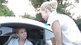 Une superbe blonde lesbienne réconforte une autre bombasse dépravée sur le parking snapshot 4