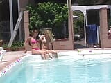 Blonde slut licks her friend's nipples and twat outside by pool snapshot 5