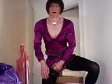 jess silk riding dildo in purple satin dress and shiny purple jacket wth short wig snapshot 17