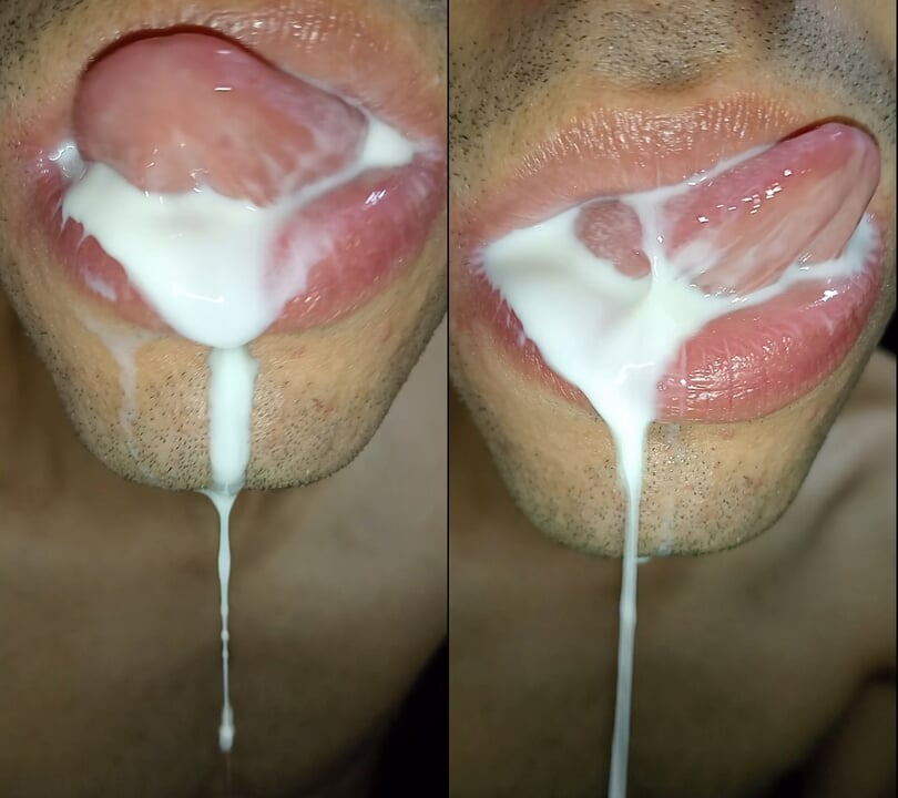 Cum in my mouth, play with your cum, and swallow it, close-up, naughty gay, tongue, sloopy, hot and submissive trans