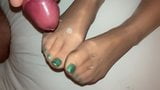 Cumshot on nylon stockings feet green nail polished toes snapshot 5