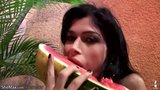 Teen tranny rubs watermelon against her spread ass and jerks snapshot 1