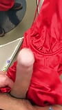 DOUBLE CUM onto Sexy Red Satin Dress in Changing Room snapshot 3