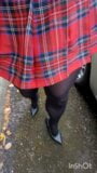 crossdresser in tartan skirt opaque tights and heels plays and cums in public snapshot 3