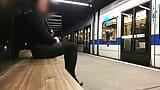 Crossdresser showed off at tram station by night snapshot 3