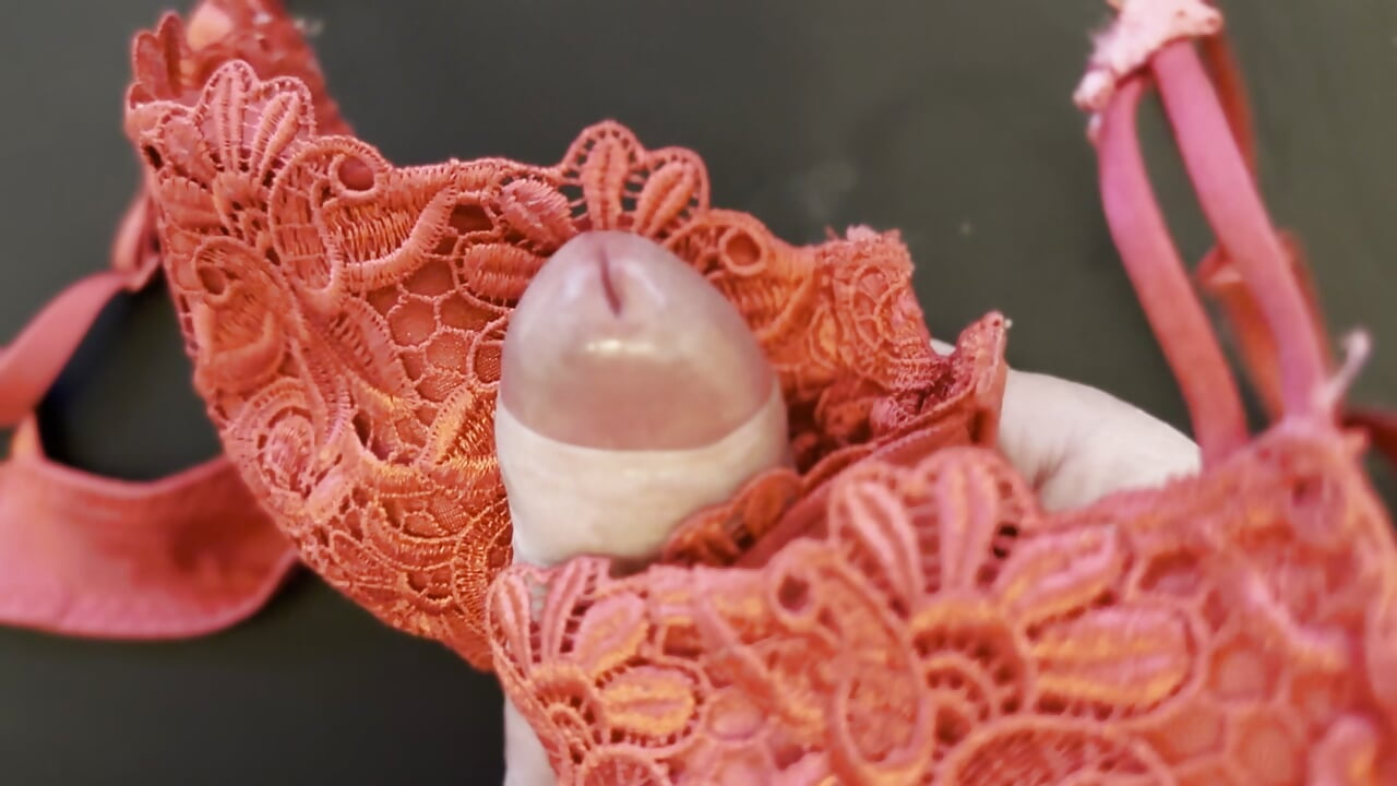 Here I jerk off on my wife's hot red lace bra (80 D)