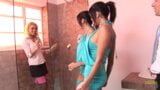 Lesbians Stacey Saran and Kat Lee playing in the shower get fucked in group sex  snapshot 2