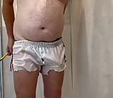 Showering in my sexy old adidas white Liverpool nylon football shorts from the 80’s snapshot 13