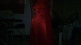 Crossdressing in red satin long gown snapshot 10