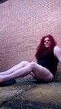 Transvestite drinking piss and smoking outdoors. snapshot 16