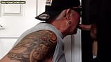 Gloryhole tattooed DILF sucks BFs cock in private amateur BJ snapshot 13