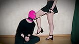 Mistress in shoes and short skirt makes her slave on a leash kiss her feet - girlz .pro - janewalker98 snapshot 10