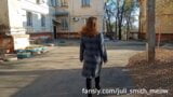 Horny female in a coat flashes tits and pussy in the neighborhood snapshot 2