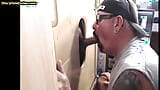 Gloryhole inked BJ DILF sucks BFs cock through hole at home snapshot 2