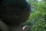 Beautiful black girl outdoors sex with two guys snapshot 9