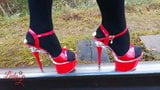 Lady L sexy walking with extreme red high heels. snapshot 7