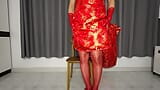 Sis K Crossdresser Masturbation in Red Chinese Dress snapshot 3