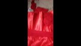 Crossdressing in red satin long gown snapshot 1