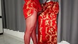 Sis K Crossdresser Masturbation in Red Chinese Dress snapshot 17