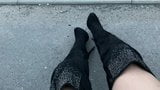 Crossdresser outdoor pissing in pantyhose and overknee heels snapshot 2