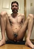 Skinny nerd rides a dildo while gaged and in chastity cage snapshot 3